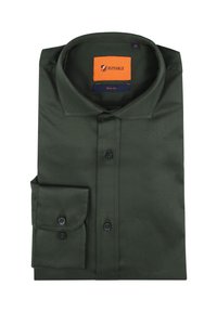 Donkergroen slim-fit shirt van gladde stof, voorzien van een gestructureerde kraag, knoopsluiting aan de voorkant en een enkele knoopmanchet met bijpassende knopen.