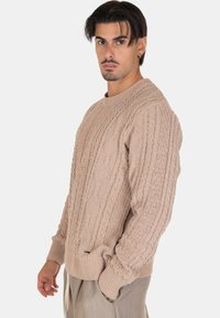Maglione beige lavorato a maglia con un motivo a cavo testurizzato, scollo rotondo e polsini e orlo a costine. Vestibilità rilassata con una texture morbida e intrecciata.
