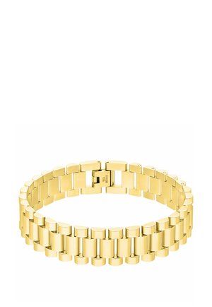 Goldfarbiges Edelstahlarmband mit Faltschließe, das polierte rechteckige und abgerundete Glieder zeigt.
