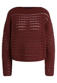 Pull en tricot rouge foncé avec motifs horizontaux ajourés et manches longues, ourlet légèrement raccourci.