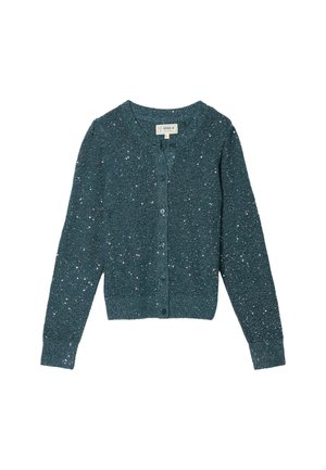 Teal cardigan made of sparkling knit material, featuring a round neckline, front buttons, and long sleeves. Textured with shiny accents.