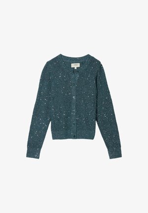 Teal cardigan made of sparkling knit material, featuring a round neckline, front buttons, and long sleeves. Textured with shiny accents.