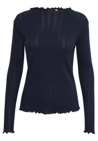 Granatowy sweter z długim rękawem, dziany, z falbaniastym dekoltem i krawędzią, z teksturowanym wzorem małych kształtów jodełki.