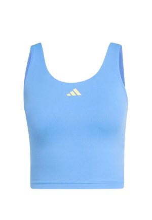 Top sportivo corto azzurro chiaro con spalline larghe e piccolo logo bianco Adidas centrato sul petto.