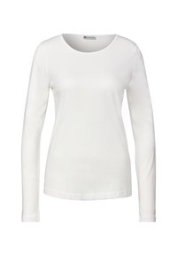 Witte longsleeve t-shirt van zachte katoen. Heeft een ronde halslijn en een iets relaxte pasvorm met doorgestikte zoom en boorden.