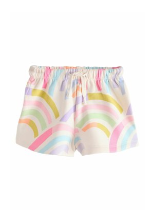 Elfenbeinfarbene Shorts mit elastischem Bund und pastellfarbenen Regenbogenbögen in Rosa, Grün, Blau, Lila, Gelb und Orange, mit einem Kordelzug vorne.