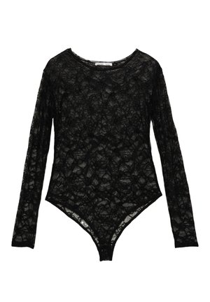 Čierne čipkované body s dlhými rukávmi, s priesvitnou textúrou a vysokým strihom na nohách. Okrúhly výstrih, detailné kvetinové vzory po celom povrchu.