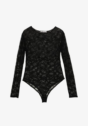 Crni čipkani bodi s dugim rukavima, prozirne teksture i visokim izrezom na nogama. Zaobljeni izrez na vrat, složeni cvjetni uzorci po cijelom bodiju.