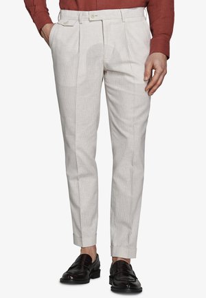 Mand iført beige plisserede bukser, brune loafers og en rustfarvet langærmet skjorte, hænder afslappet ved siden, foran hvid baggrund.