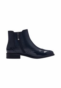 Marinblå läderankelboot med en glansig yta, blixtlås på sidan, brogue-detaljer och en låg staplad klack.