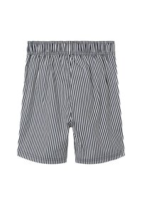 Laivastonsiniset ja valkoiset raidoitetut boxerit, joissa on joustava vyötärö, väljä malli ja sileä kankaan rakenne, joissa on pystysuorat raidat kauttaaltaan.