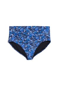Bikiny s vysokým pasem v modré barvě s tropickým listovým vzorem. Vyrobeno z elastického materiálu s pevným černým podšívkou.