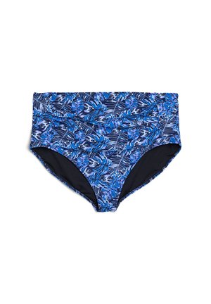 Hoog-gesneden bikinibroekje in het blauw met een tropisch bladenpatroon. Gemaakt van rekbare stof met een effen zwarte voering.