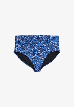 Hoog-gesneden bikinibroekje in het blauw met een tropisch bladenpatroon. Gemaakt van rekbare stof met een effen zwarte voering.