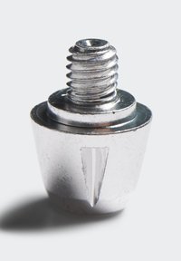 Vis en métal avec un dessus fileté et une surface lisse et brillante. Forme conique avec une base plate et une fente centrale pour les outils.