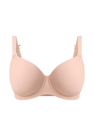 Soutien-gorge rembourré couleur peau avec tissu lisse, armatures, bretelles réglables et design minimaliste. Aucune décoration ni motif visible.