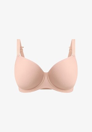 Sujetador acolchado color nude con tejido liso, soporte de aro, tirantes ajustables y diseño minimalista. Sin adornos ni patrones visibles.