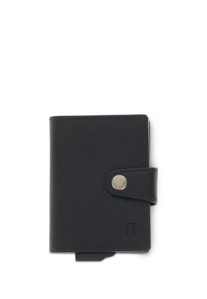 Black textured leather wallet with a snap button closure and a small pull tab at the bottom on a white background.
