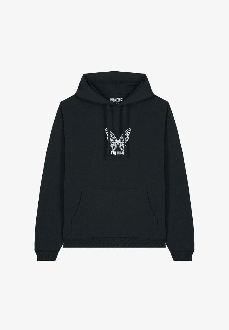 Zwarte hoodie met een trekkoordcapuchon, een voorkangoeroezak en een witte vlinderafbeelding met de tekst "vlieg weg!" gecentreerd eronder. Gemaakt van zachte stof.