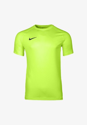 Krótki neonowożółty sportowy T-shirt z okrągłym dekoltem i czarnym logo Nike Swoosh po prawej stronie klatki piersiowej.