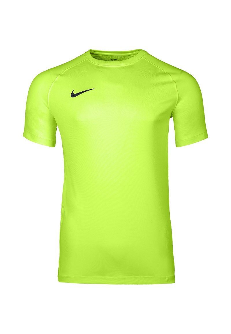 Neongelbes Sport-T-Shirt mit kurzen Ärmeln, Rundhalsausschnitt und schwarzem Nike-Swoosh-Logo auf der rechten Brust.