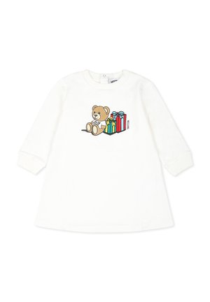 Abito bianco a maniche lunghe con un orsetto cartone animato e scatole regalo colorate stampate sul davanti. Tessuto di cotone morbido con scollatura rotonda.