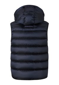 Námořnická prošívaná vesta s kapucí, s prošívaným vzorem a hladkou texturou. Vesta má vodorovné stehy a kulatý lem na spodní části.