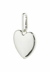 Skrivets halsband av silver i hjärtform, med polerad yta, rundad topp och spetsig botten, utrustad med en säker klipptillbehör.