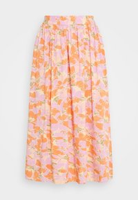 Blommig midi kjol i en lättviktsduk med en palett av rosa, orange och gröna färger, elastisk midja och veckad design.