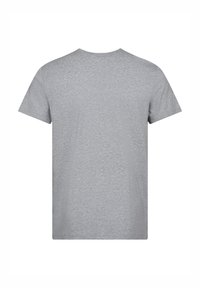 Grå bomulds T-shirt med korte ærmer, rund hals og en glat overflade. Ingen grafik eller bemærkelsesværdige detaljer. Enkel bagside.