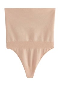 Perizoma in tessuto elasticizzato nudo con una fascia morbida e larga in vita. Texture liscia e design senza cuciture, adatto per essere indossato in modo discreto sotto i vestiti.