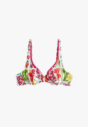 Bügel-Bikinioberteil mit buntem Obst- und Gemüseprint und pinkem Saum auf weißem Hintergrund.