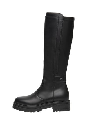 Bottes en cuir noires montantes avec un design élégant, tige texturée et semelle en caoutchouc épaisse. Présente un accent logo discret sur le côté.