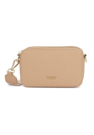 Beež ristkere kott kuldse tõmbluku ja reguleeritava rihmaga, millel on esiküljel keskel kuldne "kazar" logo.