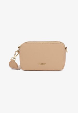 Beige rectangular crossbody bag with gold zipper and adjustable strap, featuring "kazar" logo in gold on front center.