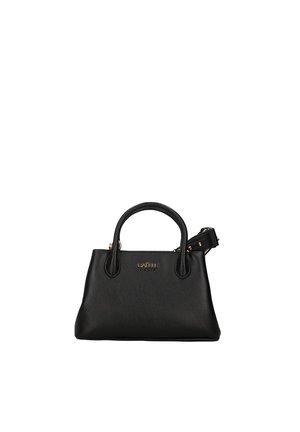 Bolso tote de piel negra con dos asas redondeadas, una correa desmontable para el hombro y un pequeño logotipo en tono dorado, sobre un fondo blanco.