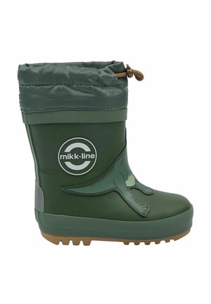 Botte de pluie verte pour enfant avec motif dinosaure, manchette en tissu ajustable avec cordon et logo « mikk-line » sur le côté.