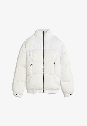 White puffer jacket with a high collar, black zipper, quilted design, and elastic cuffs. Features two side pockets, soft texture.