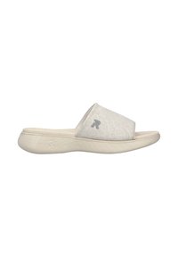 Light beige slide sandal with a textured upper featuring a subtle pattern, soft footbed, and a flexible outsole with a wave design.