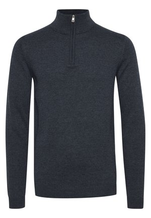 Pull-over gris foncé avec un col haut et une fermeture éclair à l'avant. Poignets et ourlet côtelés. Fabriqué en un tissu doux et texturé.