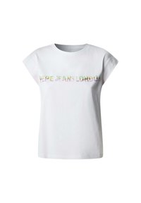 Valge puuvillane t-särk lühikeste varrukatega, mille ees on mitmevärviline "Pepe Jeans London" graafika. Sile tekstuur.