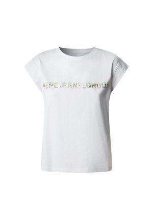 Biely bavlnený tričko s krátkymi rukávmi so mnohofarebnou grafikou "Pepe Jeans London" na prednej strane. Hladká textúra.