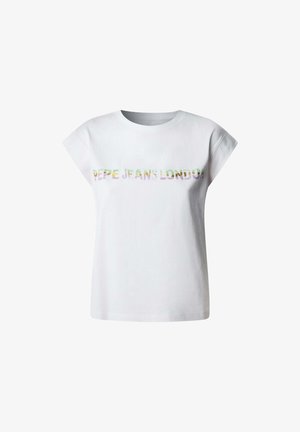 Biely bavlnený tričko s krátkymi rukávmi so mnohofarebnou grafikou "Pepe Jeans London" na prednej strane. Hladká textúra.