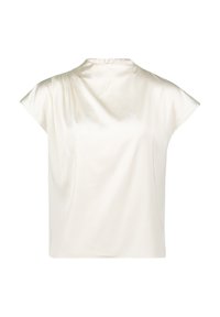 Satin-seidene Bluse in Elfenbein mit hohem Hals, kurzen Ärmeln und subtiler Drapierung. Verfügt über einen Schlüsselspaltenverschluss im Rücken für ein einfaches Anziehen.