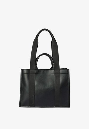 Sac fourre-tout en cuir noir avec deux longues bandoulières et une poignée plus courte. Présente une texture lisse et une forme rectangulaire simple, sans matériel visible.