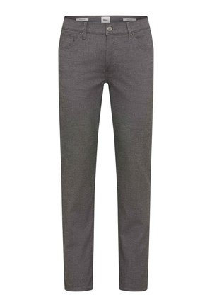 Pantalon gris fuselé avec un tissage texturé, doté d'une fermeture par bouton à l'avant, de passants de ceinture et de poches latérales. Design minimaliste sans motifs.