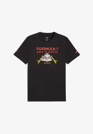 Black cotton t-shirt featuring a graphic of a Formula 1 car and text "FORMULA 1 DRIVE TO SURVIVE" in red. Short sleeves, crew neck.
