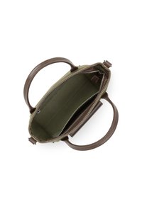 Borsa in tela verde con manici e dettagli in pelle marrone. L'interno presenta una fodera in tessuto e un compartimento suddiviso.