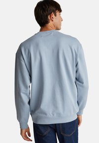 Sudadera de color azul claro con cuello redondo, puños y dobladillo acanalados; tejido suave y texturizado; vista desde la espalda, combinada con jeans oscuros.