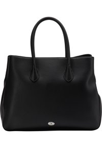 Sac fourre-tout en cuir noir avec une finition texturée, des poignées supérieures doubles et un accent en métal argenté à la base. Spacieux avec un design ouvert.